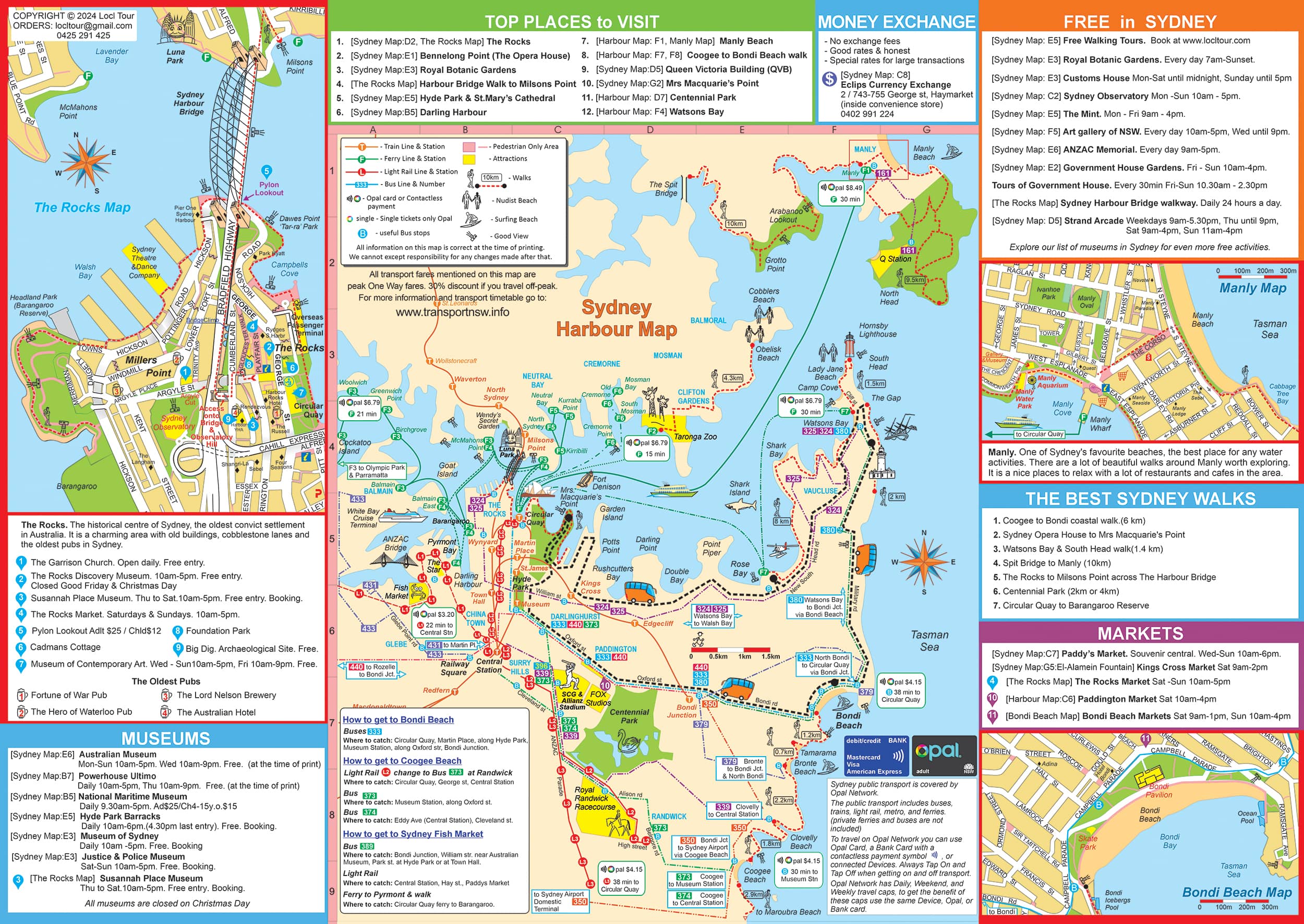 A tourist map of Sydney Harbour. The map covers the area from North Sydney until Bondi Beach and from Balmain until the Tasman Sea. It provides information on Sydney transport, attractions, walks, and lists different activities.